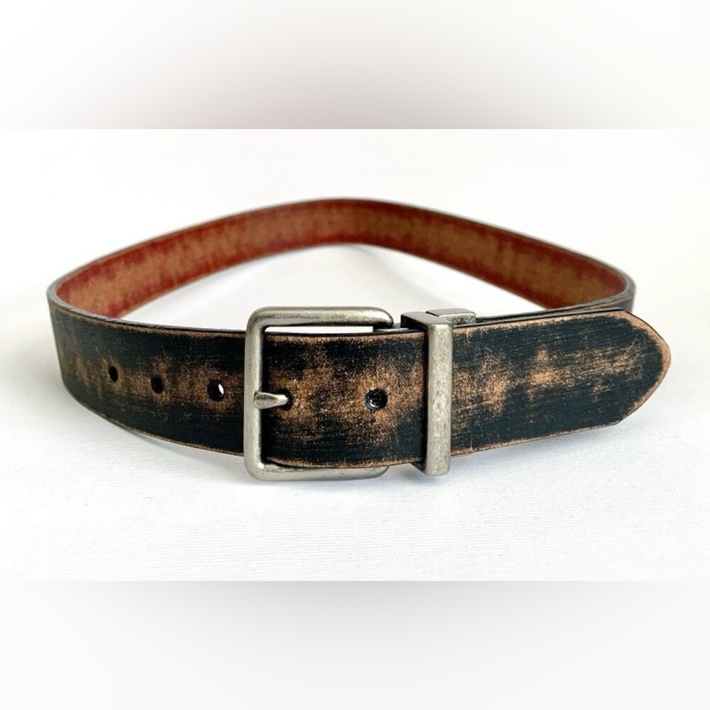 Brown Leather Mens Distressed Worn In Belt Square Silver Clasp Buckle